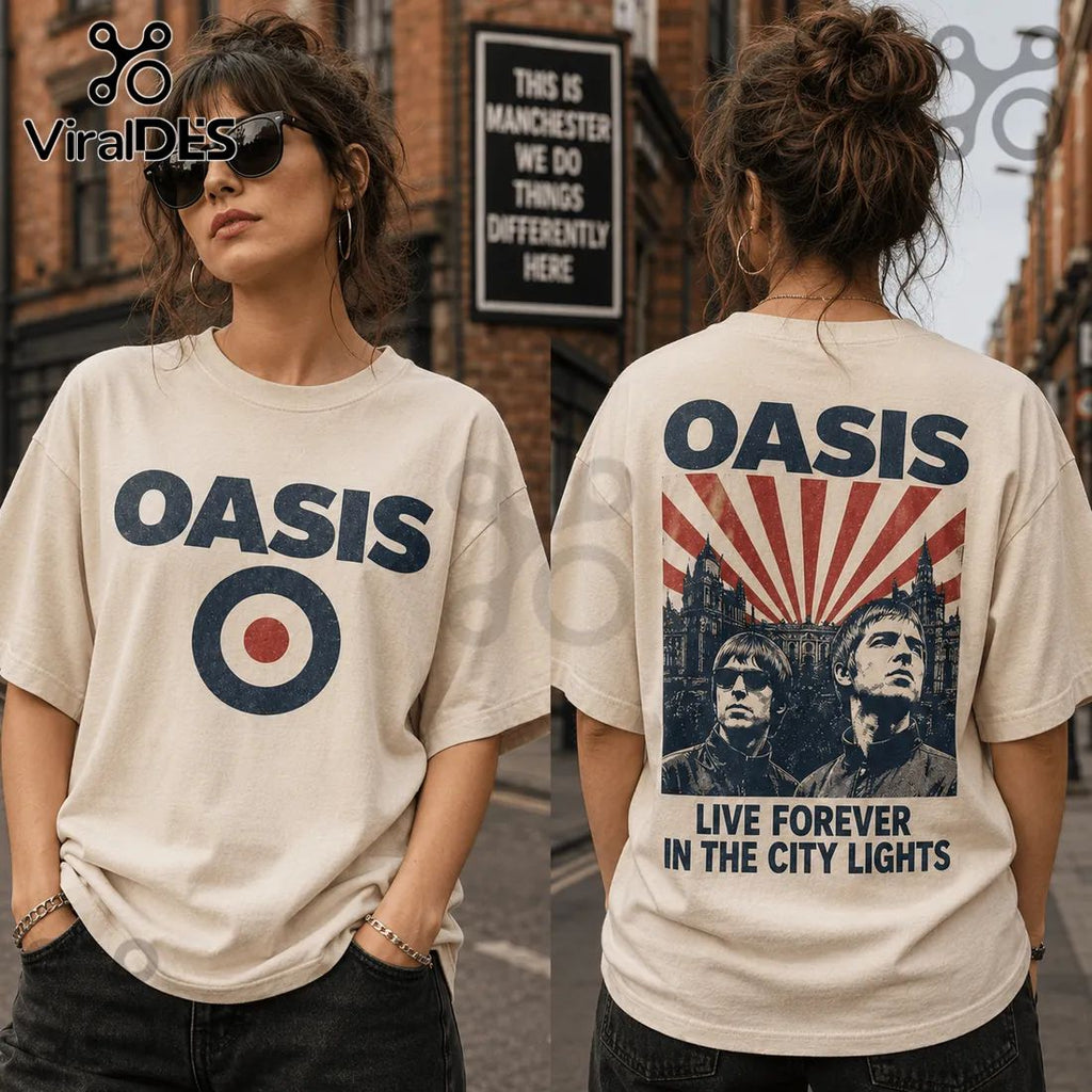 Oasis Band Liam and Noel Gallagher Beige T-Shirt