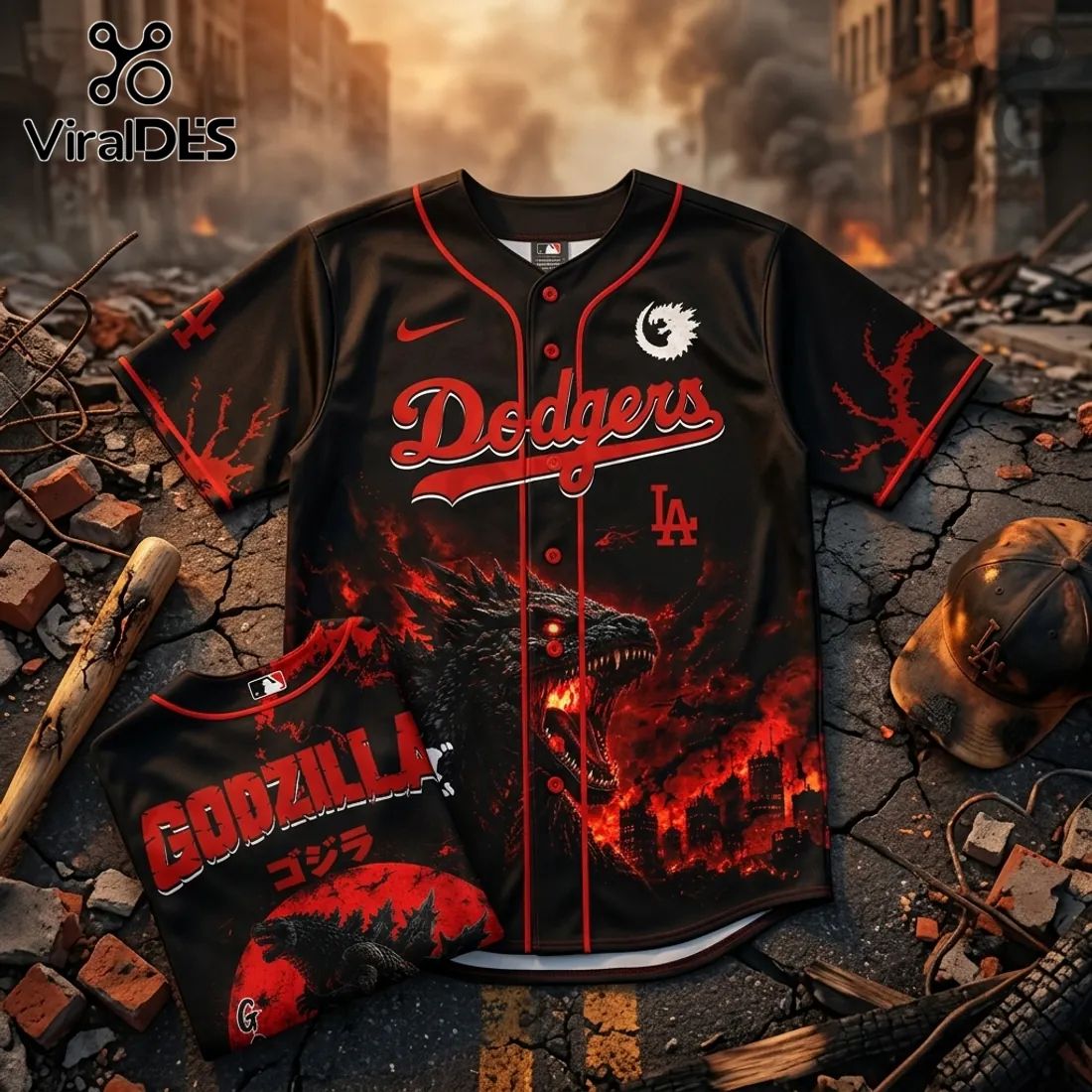 Godzilla x Los Angeles Dodgers Black Red Baseball Jersey