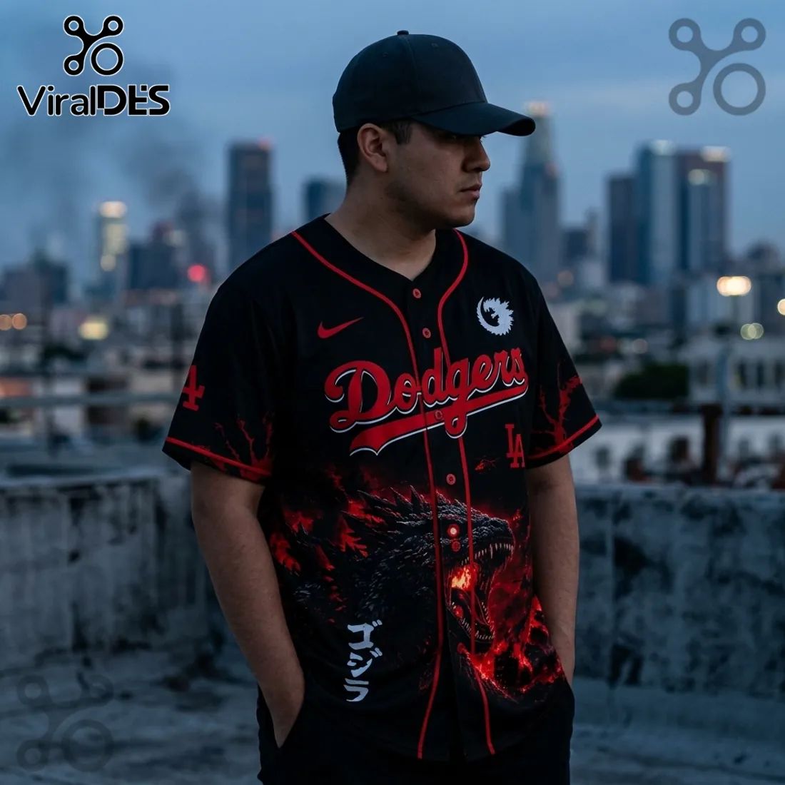 Godzilla x Los Angeles Dodgers Black Red Baseball Jersey