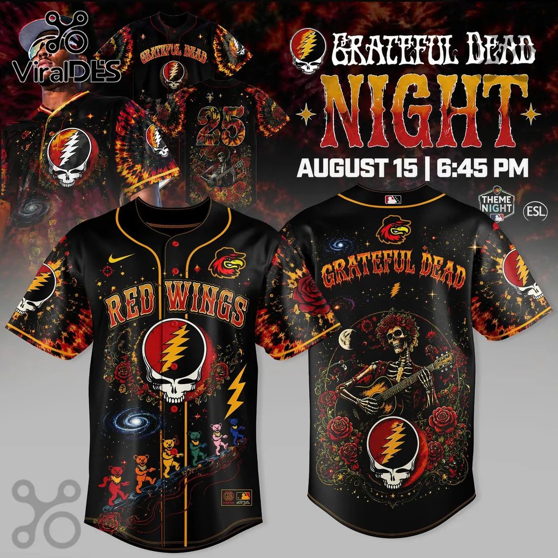 Grateful Dead Rochester Red Wings Tie Dye Baseball Jersey