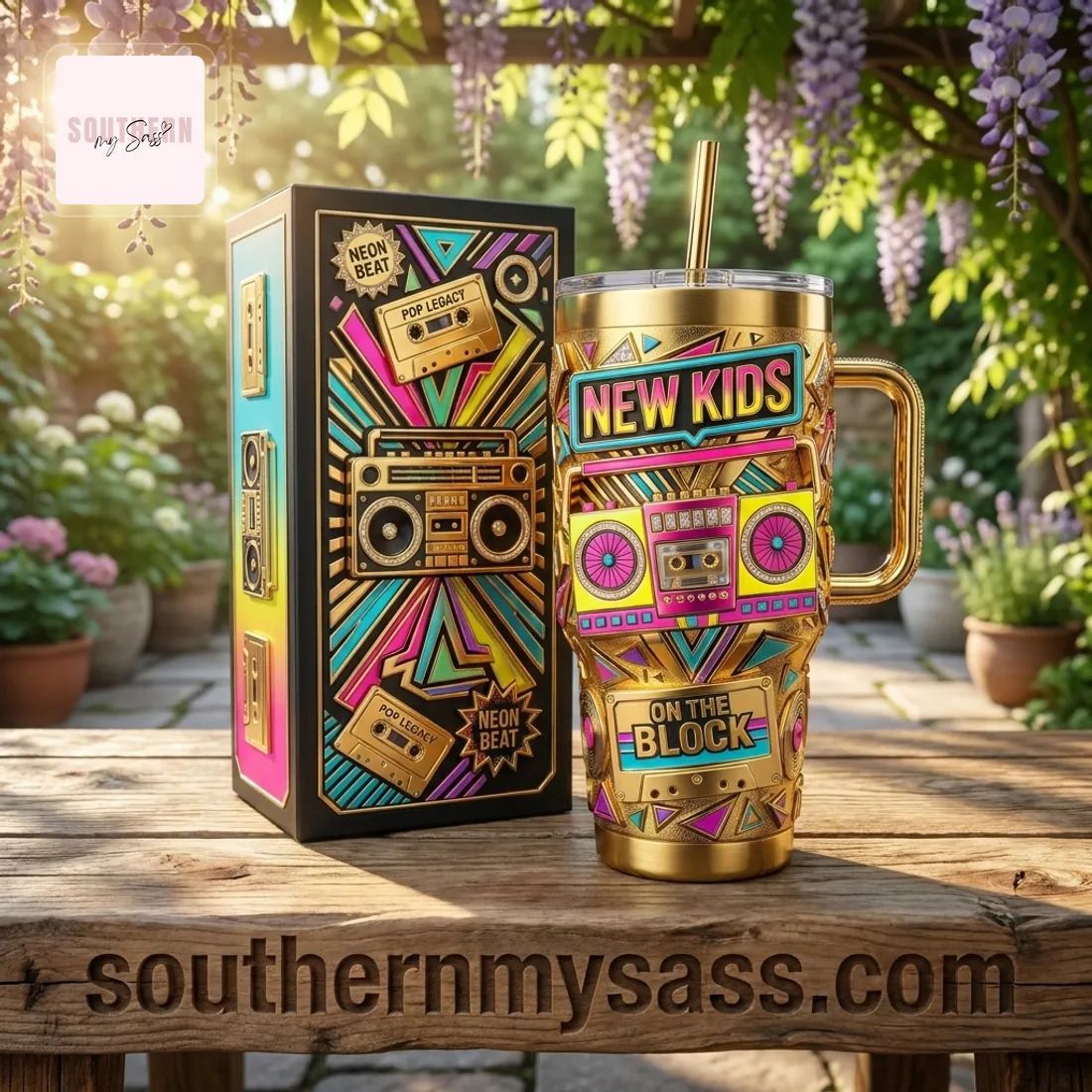 New Kids On The Block 40oz Gold Neon Retro Insulated Tumbler With Handle