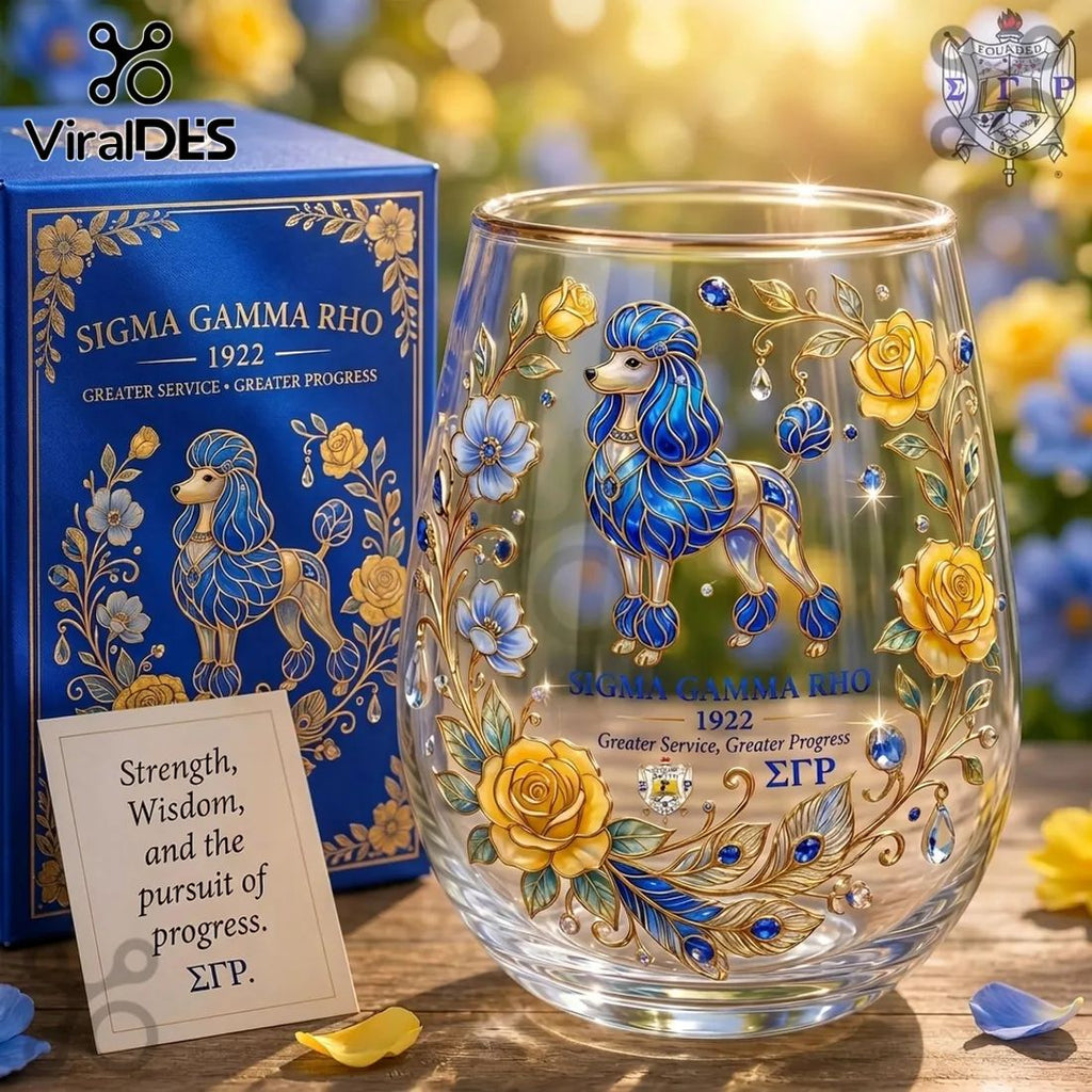 Sigma Gamma Rho 1922 Poodle Blue Gold Sorority Stemless Wine Glass