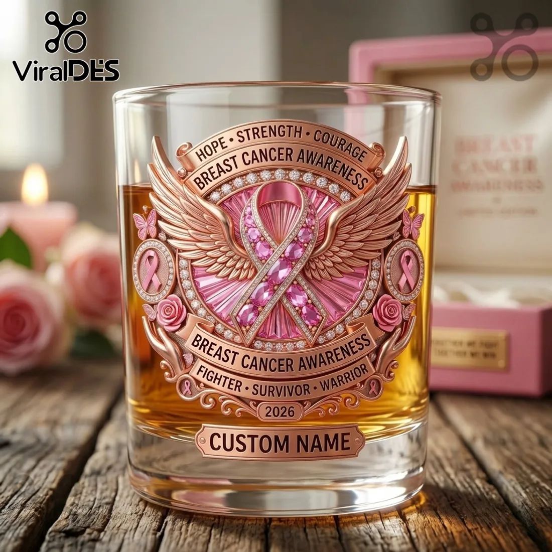 Breast Cancer Awareness Pink Rose Ribbon 2026 Whiskey Glass
