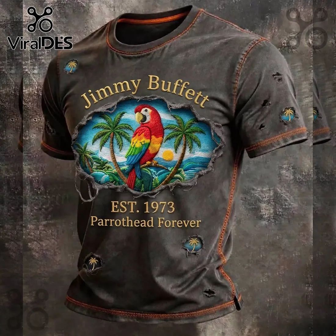 Jimmy Buffett Parrothead Est. 1973 Distressed Tropical Parrot Graphic T-Shirt