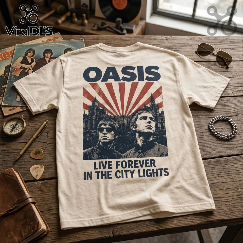Oasis Band Liam and Noel Gallagher Beige T-Shirt