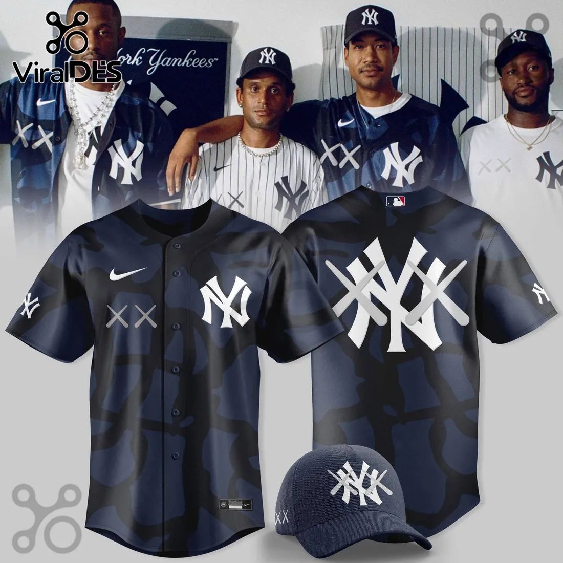 KAWS x New York Yankees Navy Blue Camo Baseball Jersey