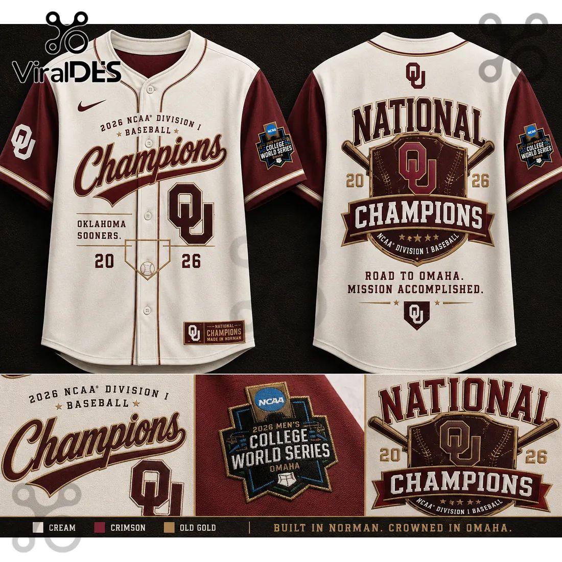 Oklahoma Sooners 2026 Baseball National Champions Cream Jersey