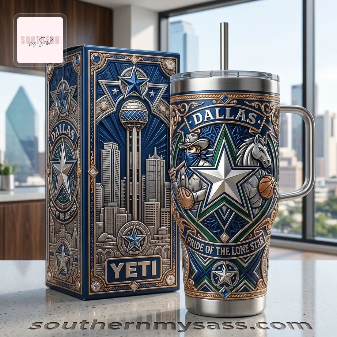 Dallas Lone Star Premium Engraved 40oz Stainless Steel Tumbler With Handle