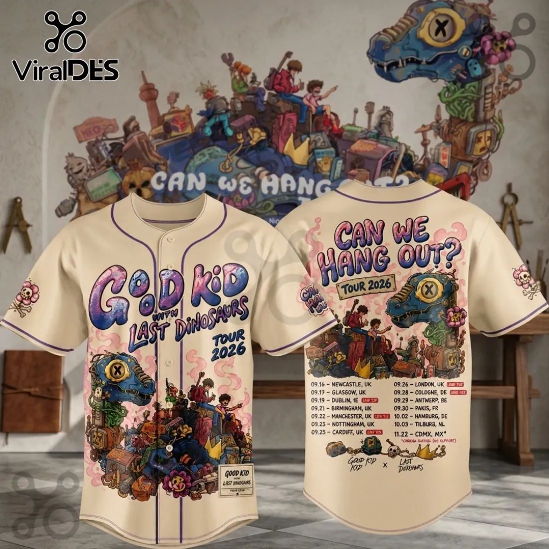 Good Kid x Last Dinosaurs 2026 Tour Beige Baseball Jersey