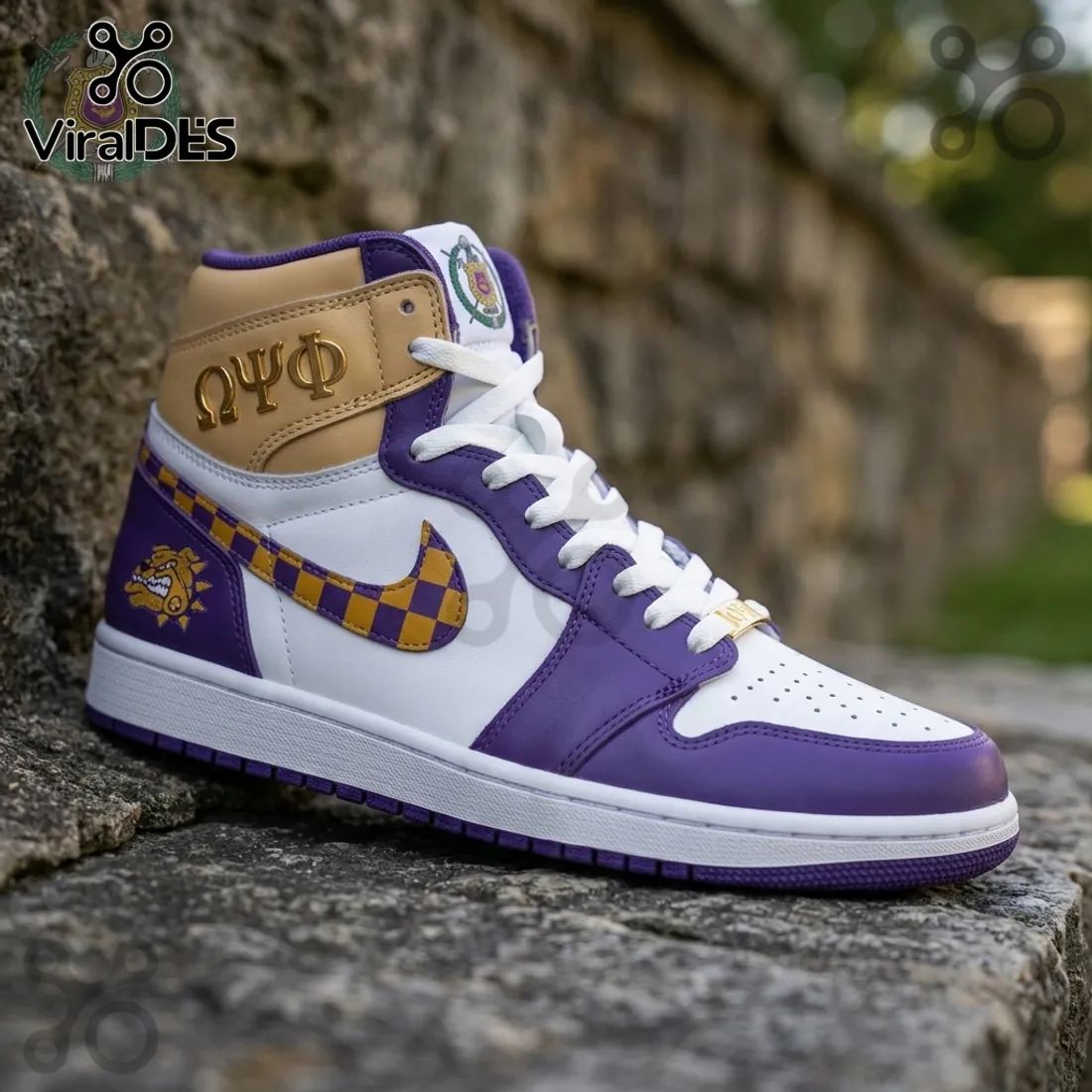 Omega Psi Phi Fraternity Purple and Gold AJ1 High Top Sneakers
