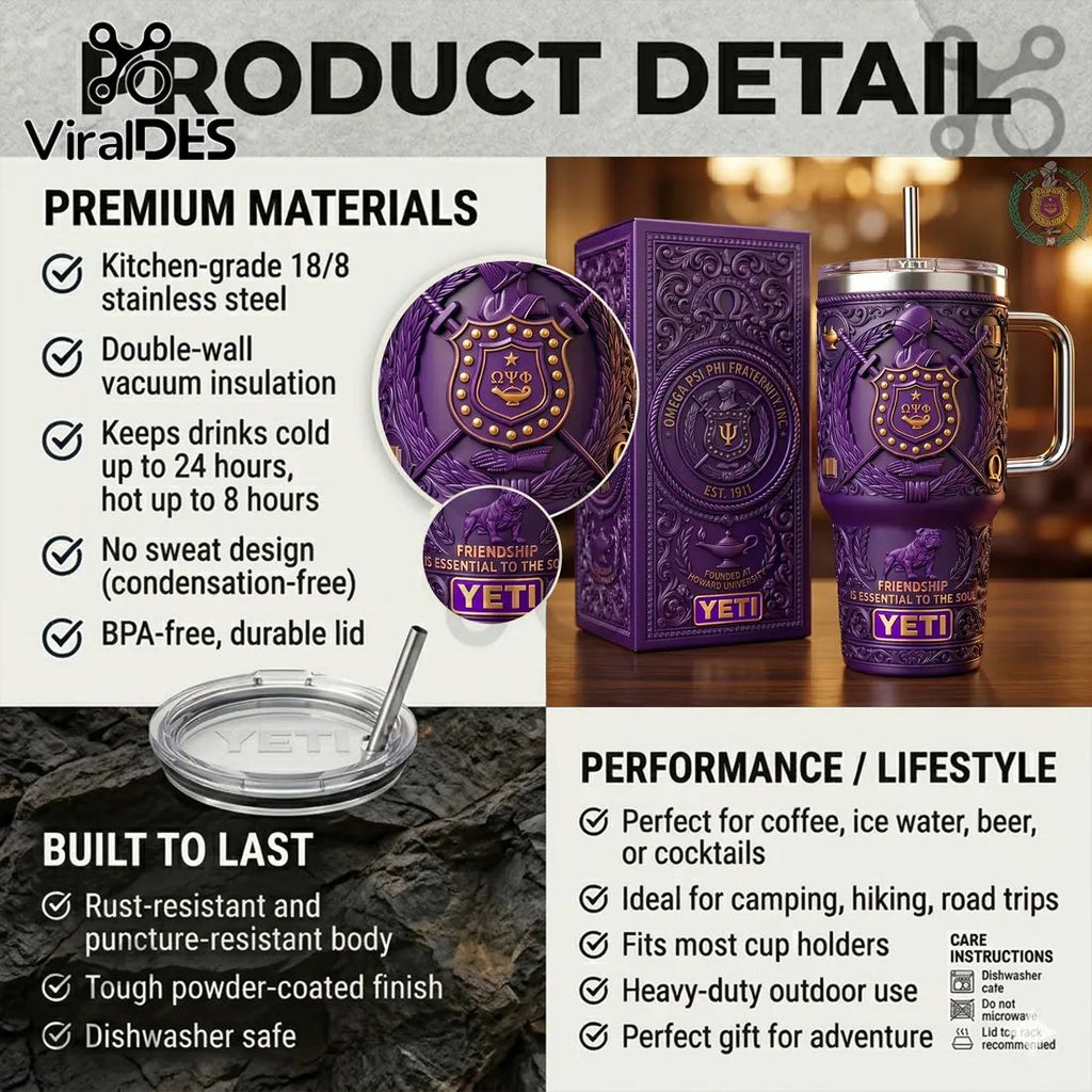 Omega Psi Phi 1911 Fraternity Purple Gold YETI Handle Tumbler