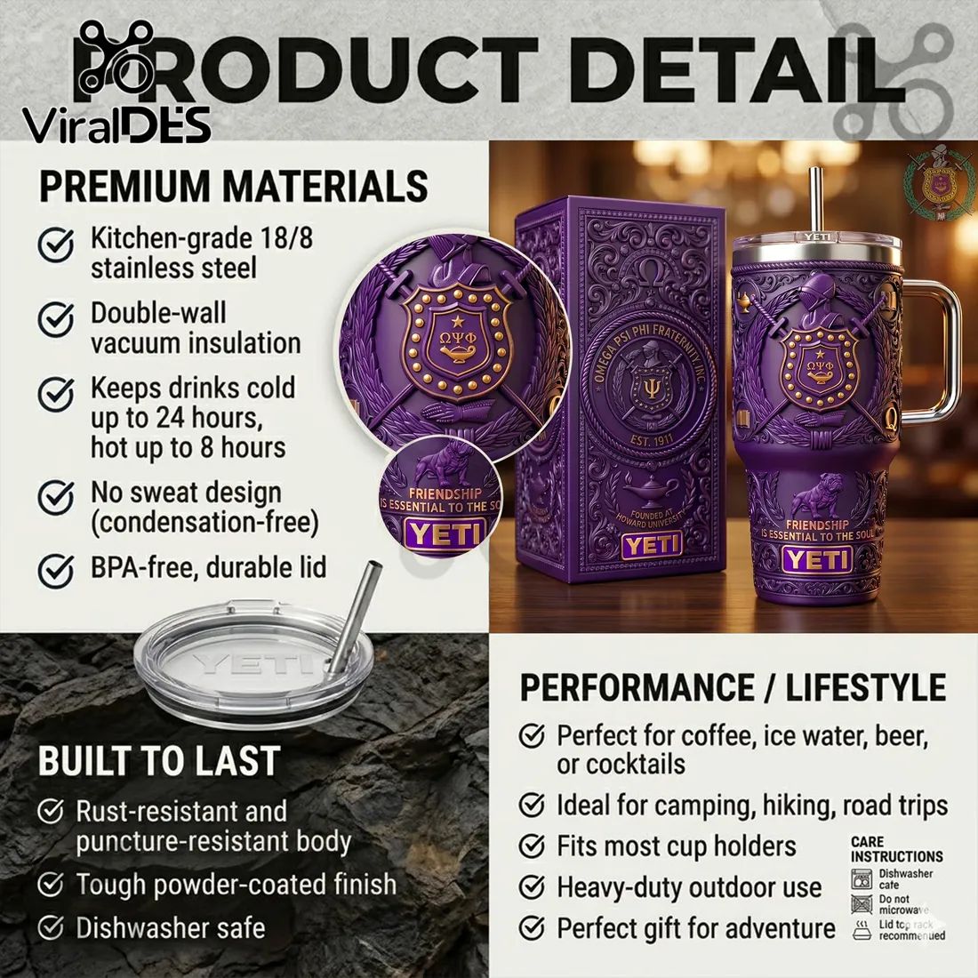 Omega Psi Phi 1911 Fraternity Purple Gold YETI Handle Tumbler