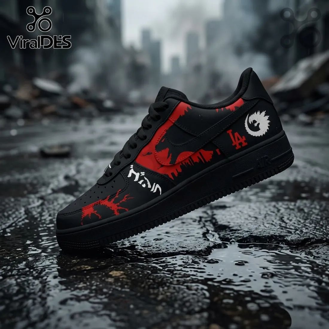 Godzilla x Los Angeles Dodgers Black Red Air Force 1 Sneakers
