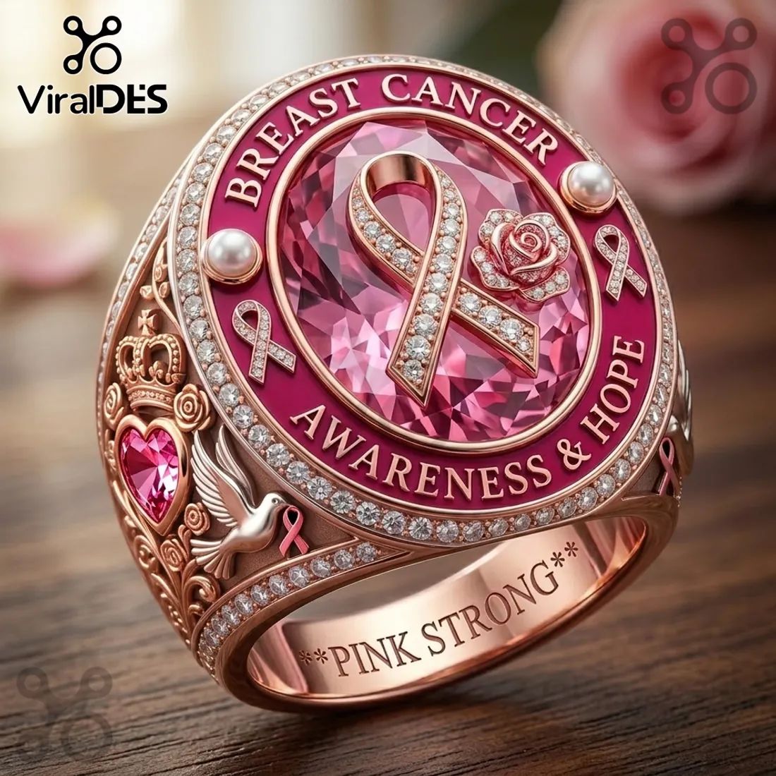Breast Cancer Awareness Pink Ribbon Hope Diamond Ring