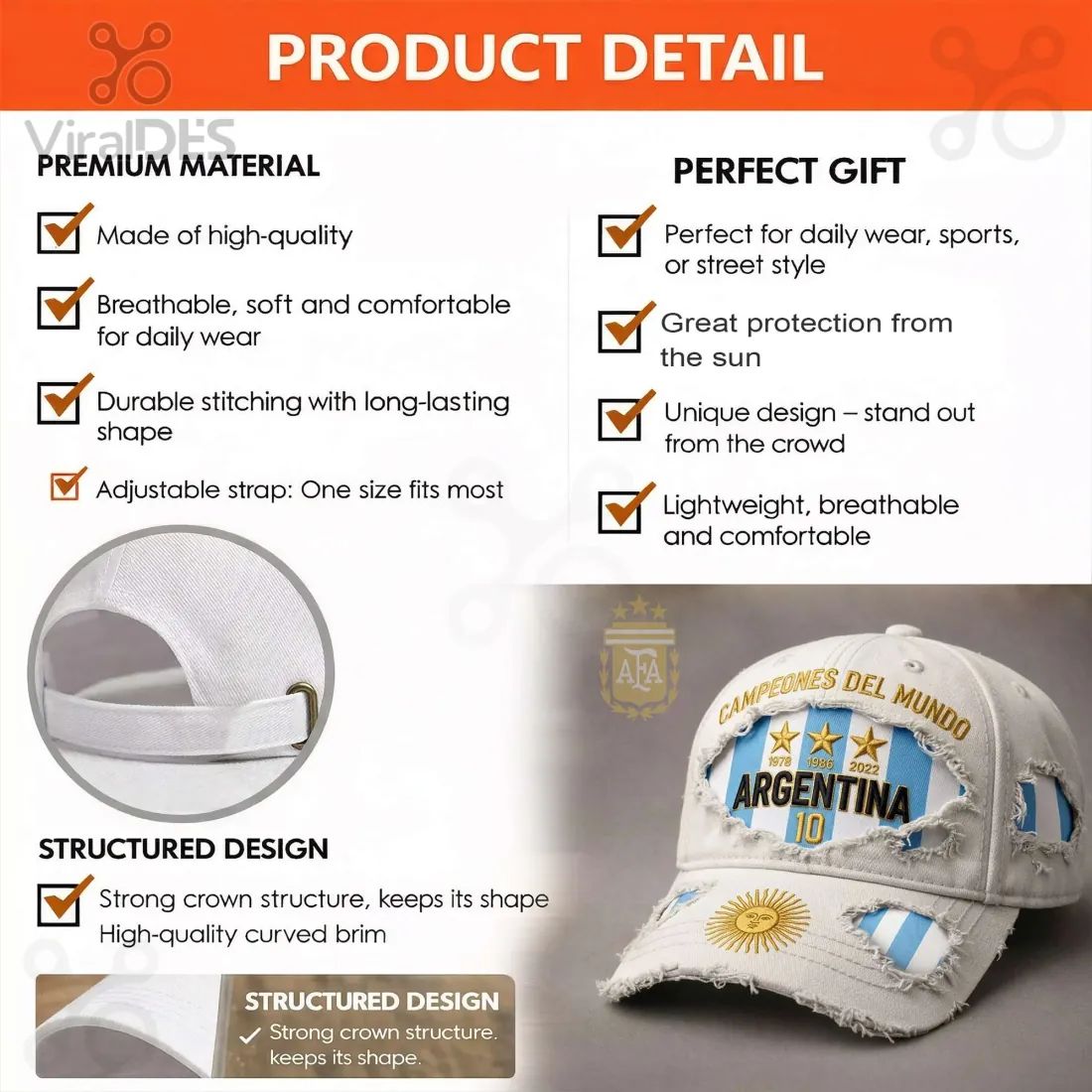 Argentina World Cup Champions 3 Stars Distressed Embroidered Baseball Cap