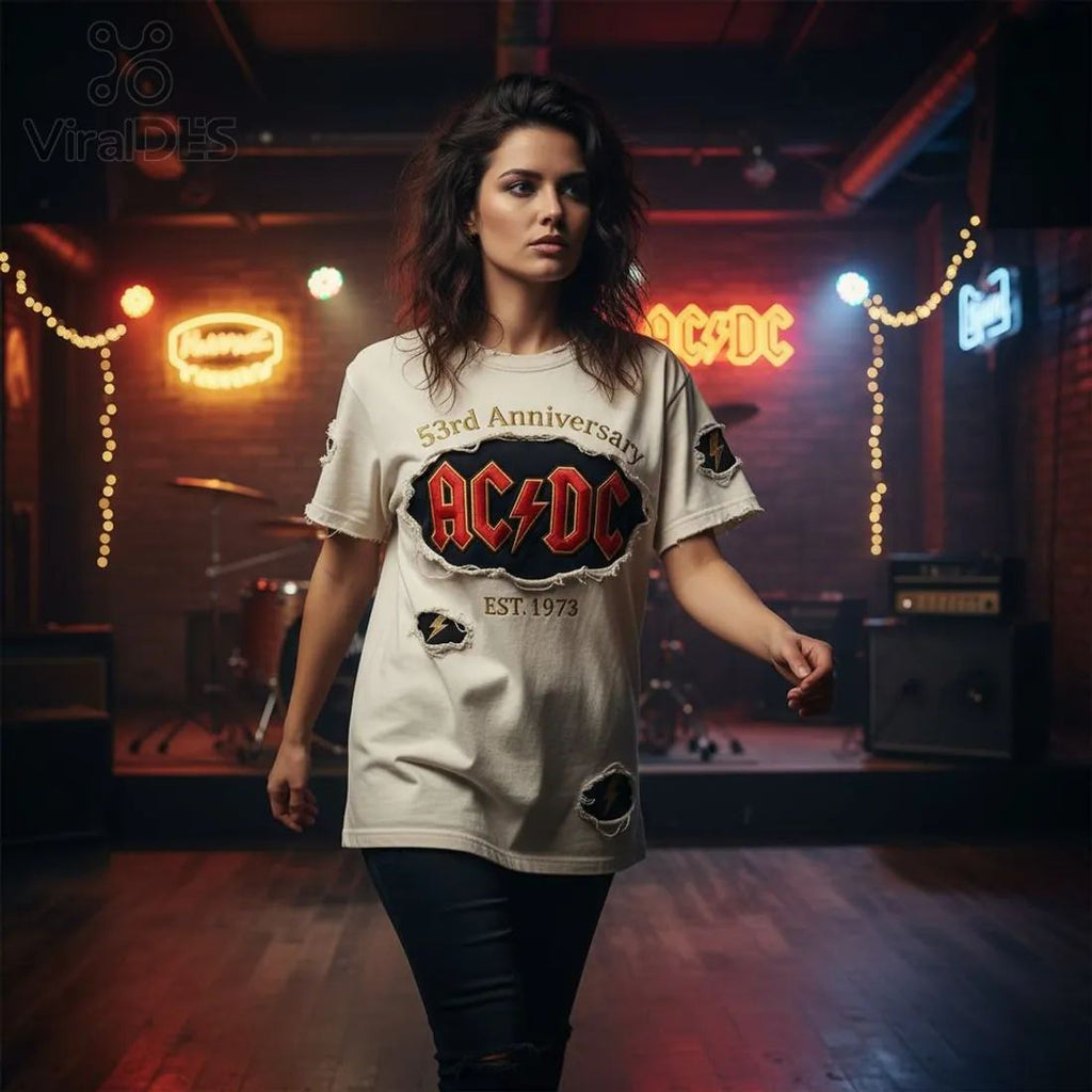 AC/DC 53rd Anniversary Vintage Distressed Embroidered Rock Band T-Shirt