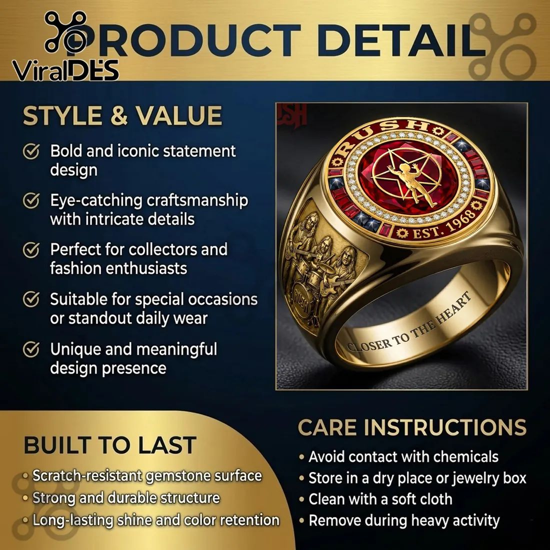 Rush Band Starman Logo Gold Plated Ring