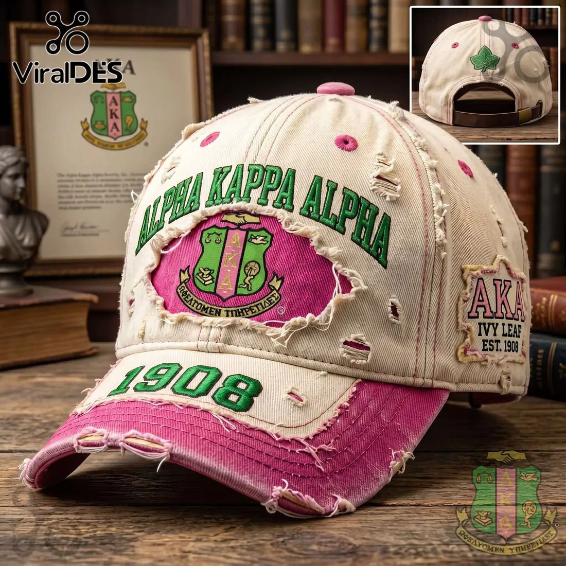 Alpha Kappa Alpha Sorority 1908 Distressed Pink Green Cap