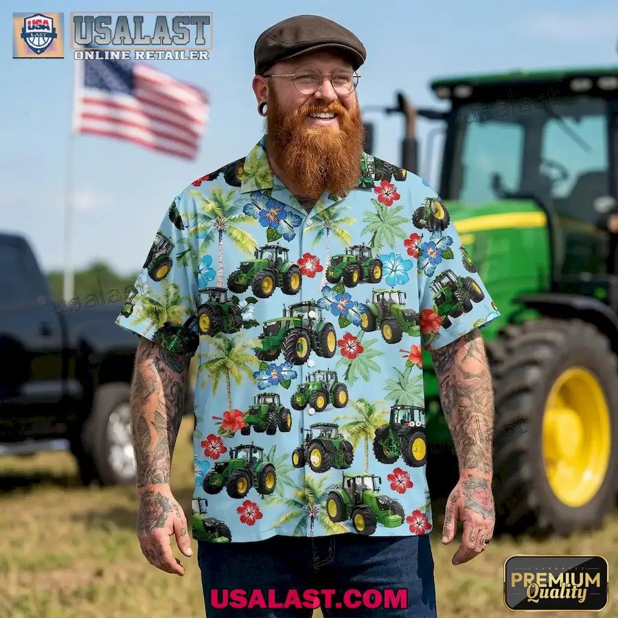 Green Tractor Tropical Hibiscus Hawaiian Shirt