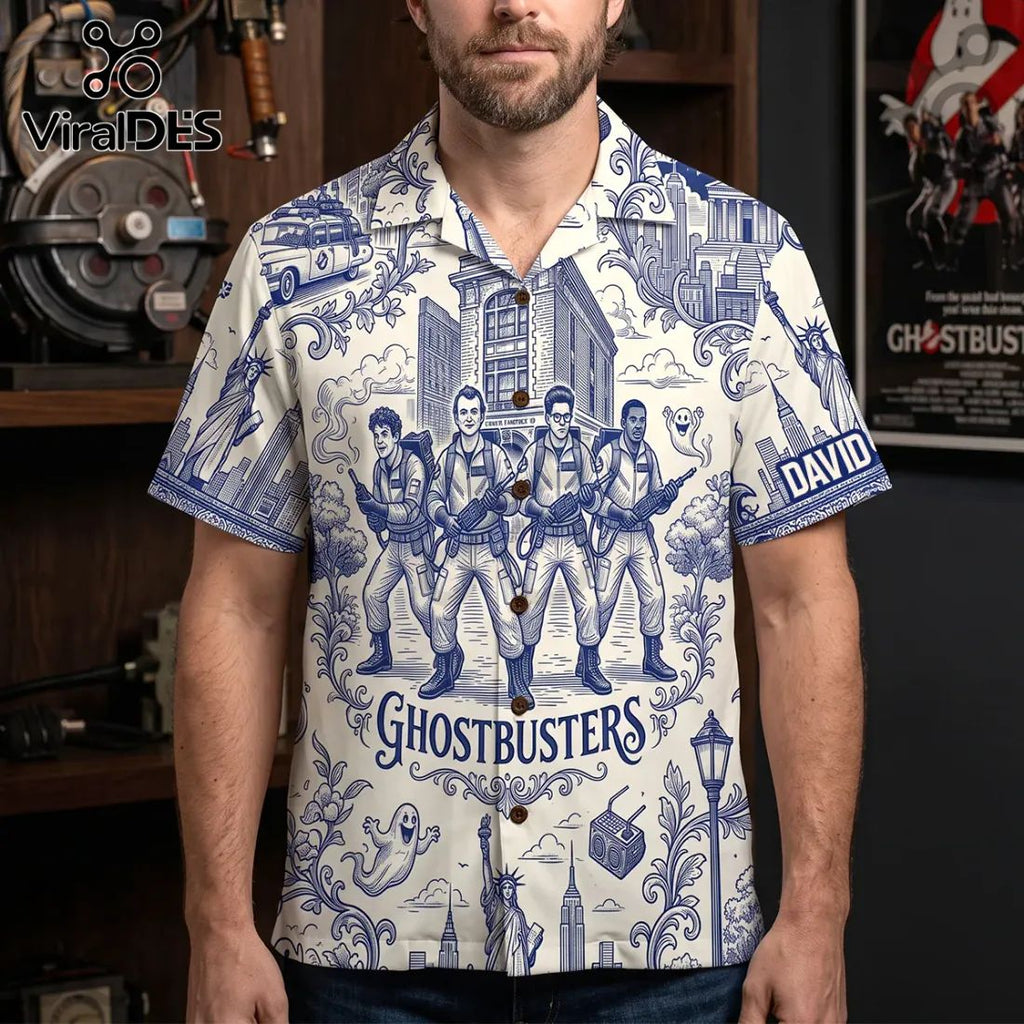 Ghostbusters Toile De Jouy Blue Button Down Shirt