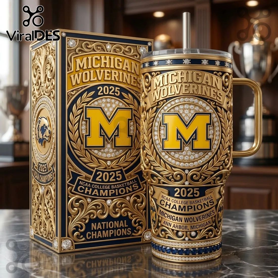 Michigan Wolverines 2025 NCAA Basketball Champions Gold Stanley Tumbler