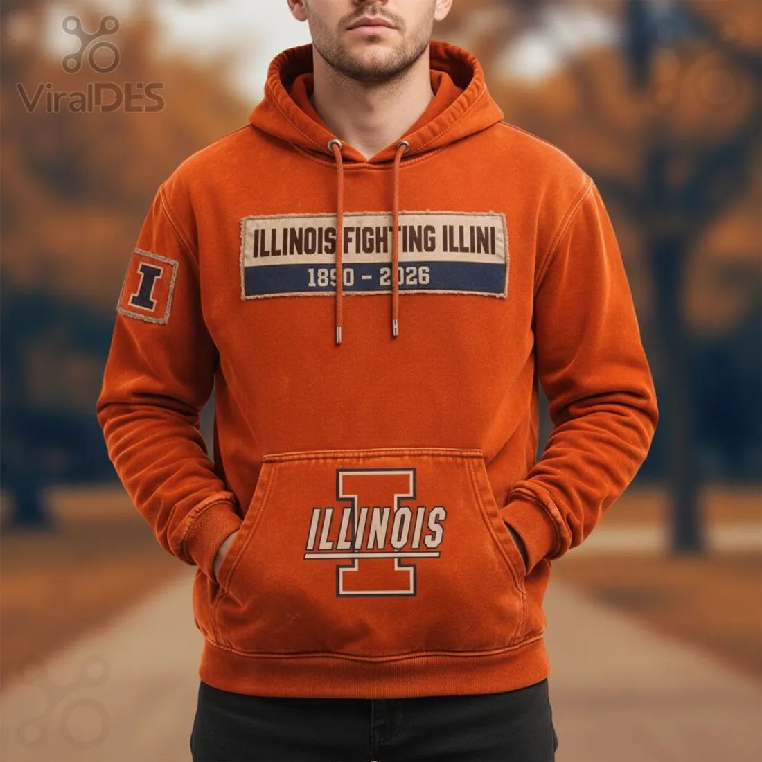 Illinois Fighting Illini Vintage Distressed 1890-2026 Patch Graphic Hoodie