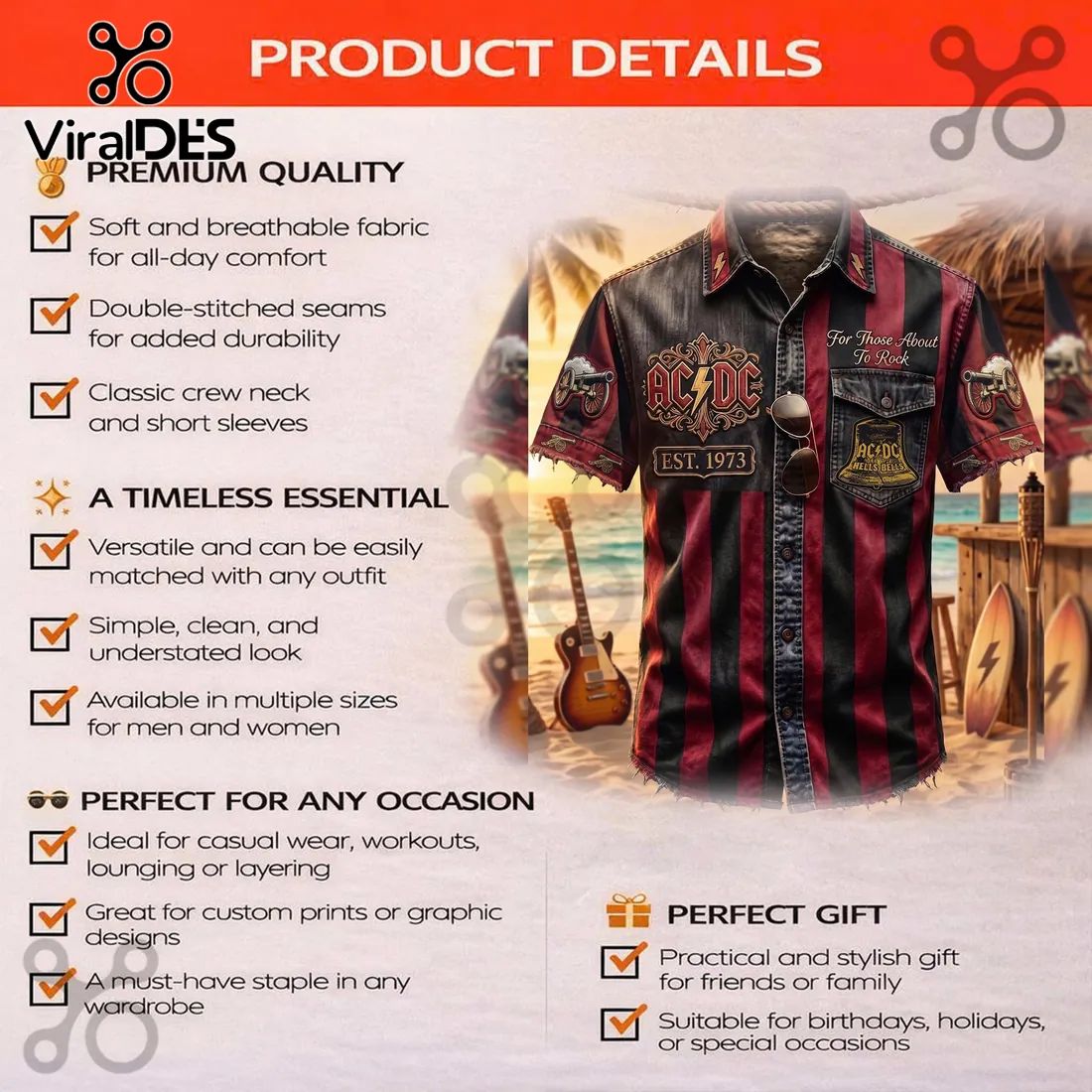AC/DC Hells Bells For Those About To Rock Striped Hawaiian Shirt