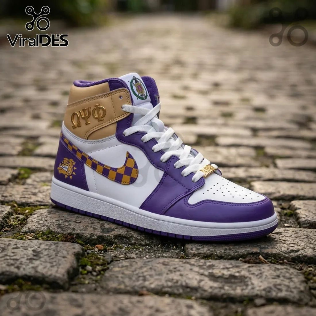 Omega Psi Phi Fraternity Purple and Gold AJ1 High Top Sneakers
