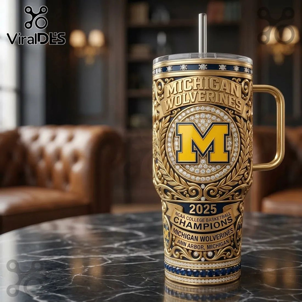 Michigan Wolverines 2025 NCAA Basketball Champions Gold Stanley Tumbler