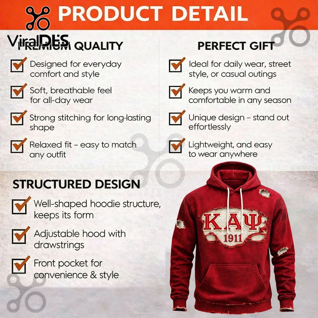 Kappa Alpha Psi KAΨ 1911 Distressed Vintage Red Pullover Hoodie