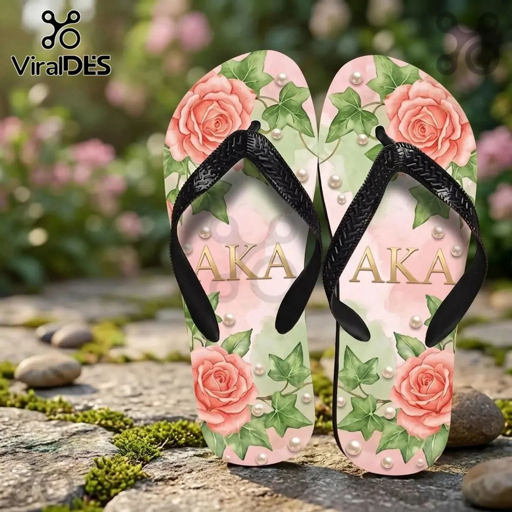 AKA Sorority Pink & Green Rose Ivy Pearl Summer Flip-flops