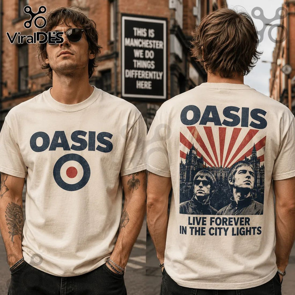 Oasis Band Liam and Noel Gallagher Beige T-Shirt