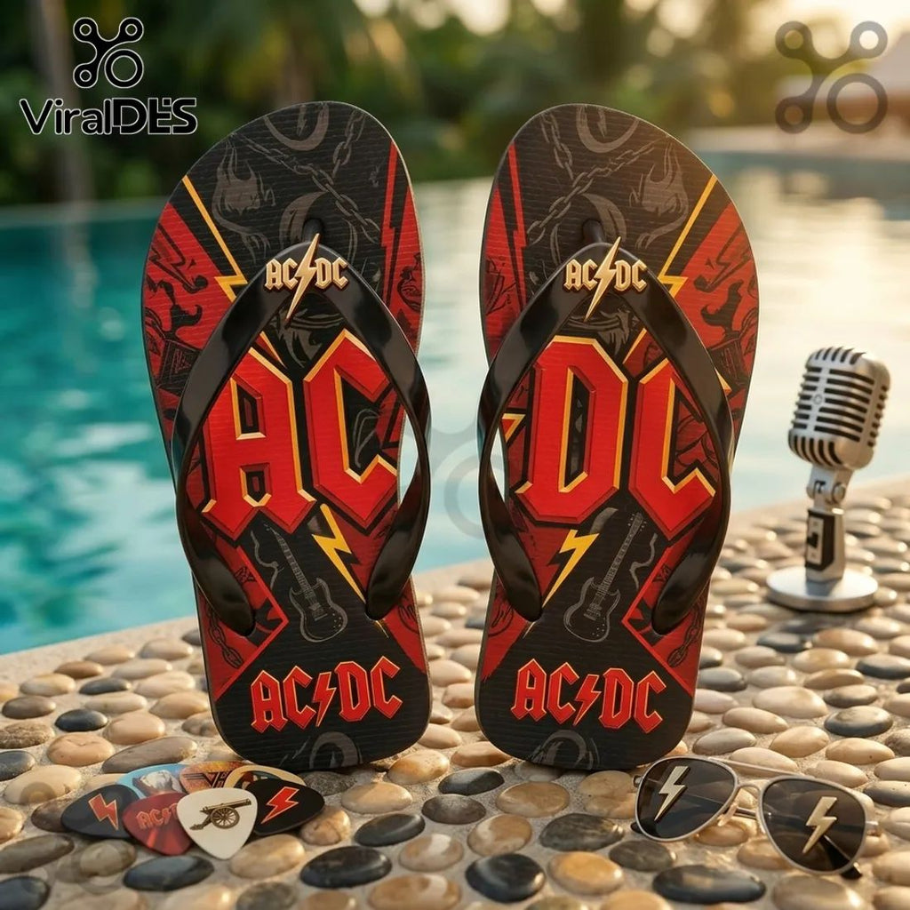 AC/DC Classic Rock Band Black & Red Lightning Summer Beach Flip-flops