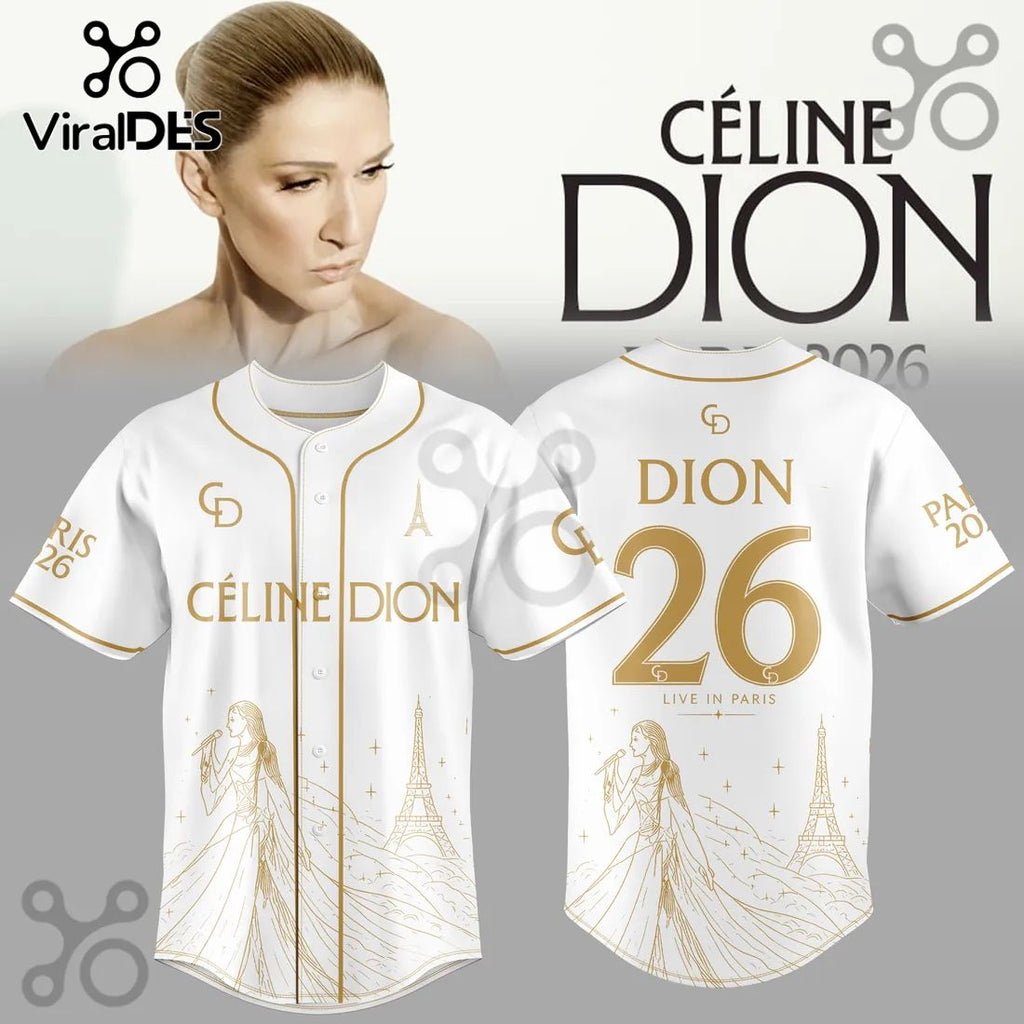 Celine Dion Live in Paris 2026 White Gold Baseball Jersey