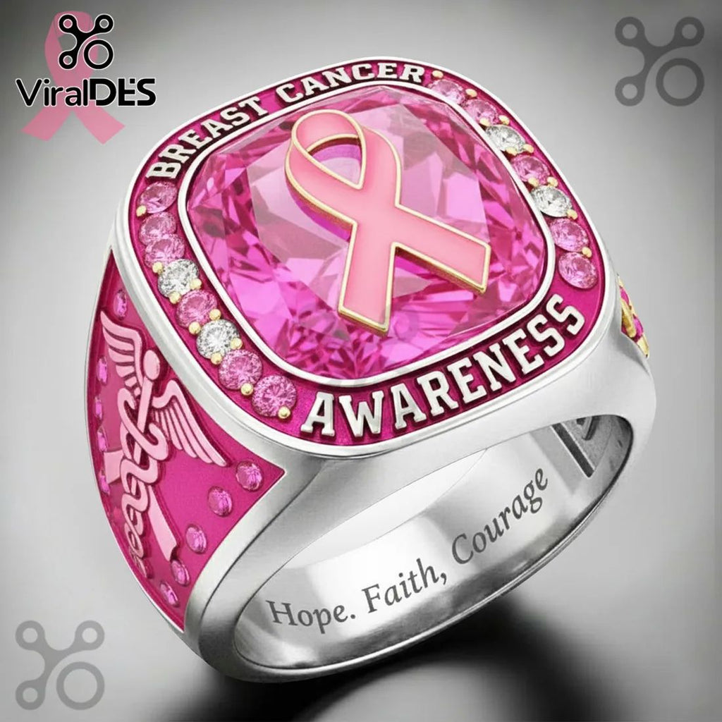 Breast Cancer Awareness Pink Crystal Stainless Steel Ring