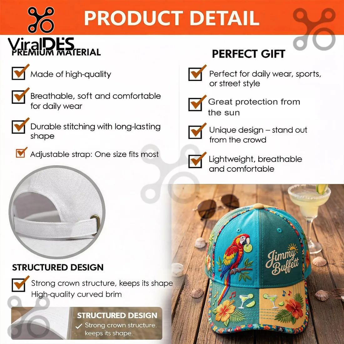 Jimmy Buffett Tropical Parrot and Margarita Adjustable Cap