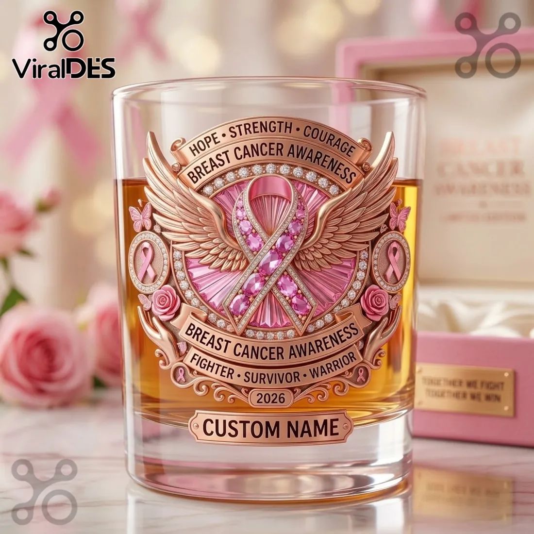 Breast Cancer Awareness Pink Rose Ribbon 2026 Whiskey Glass