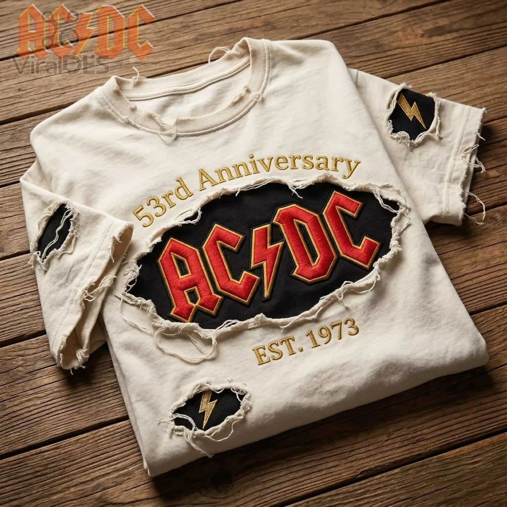 AC/DC 53rd Anniversary Vintage Distressed Embroidered Rock Band T-Shirt