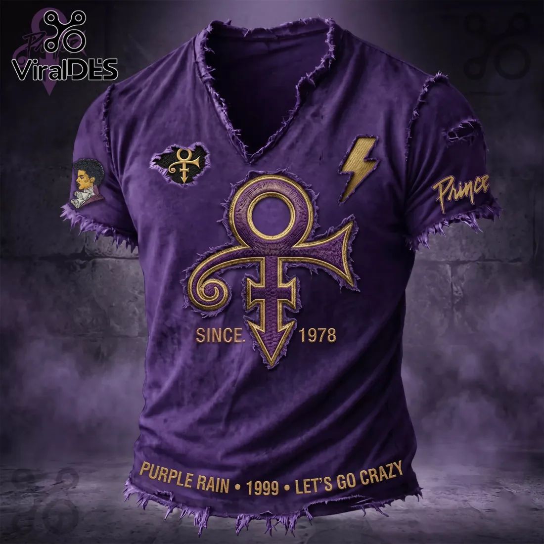 Prince Purple Rain Love Symbol Distressed V-Neck Shirt
