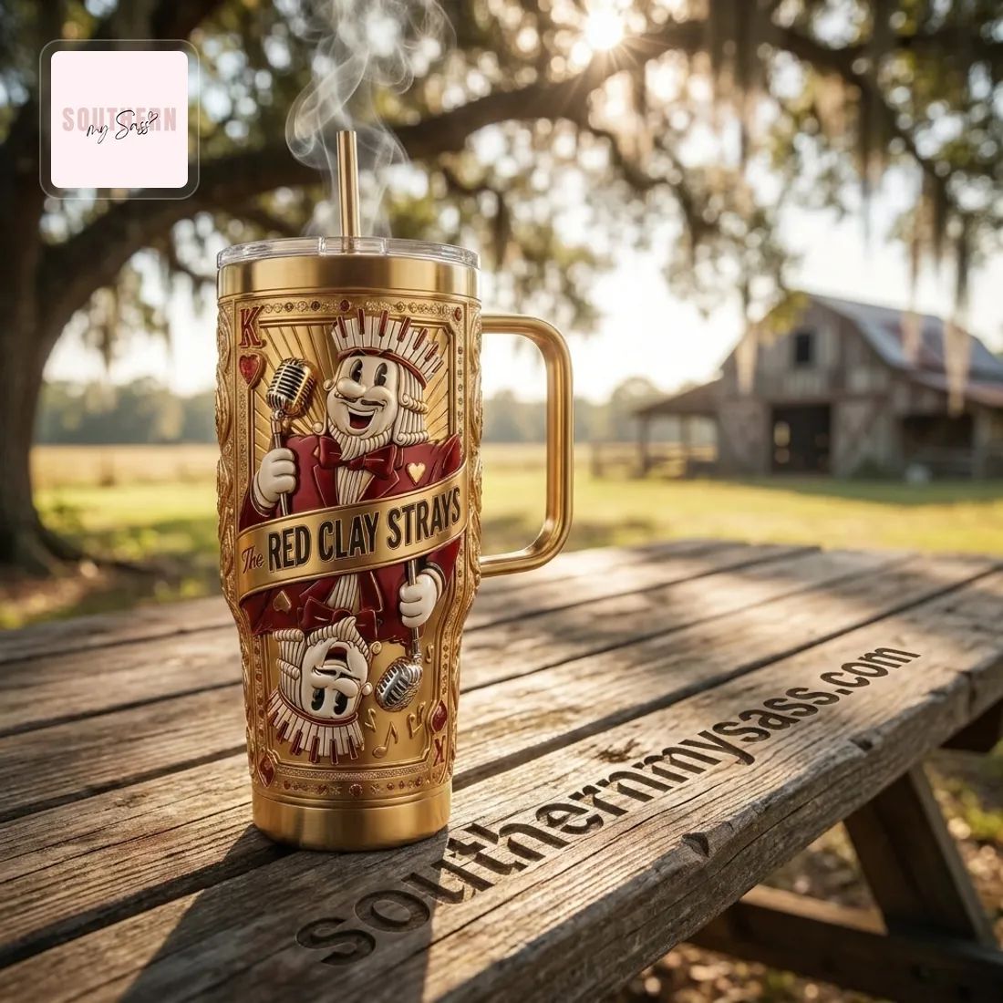 The Red Clay Strays Gold 40oz 3D Embossed King Card Insulated Tumbler With Handle