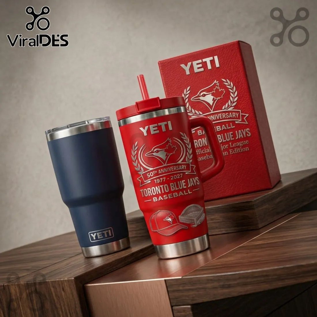 Toronto Blue Jays 50th Anniversary Engraved Red Yeti Handle Tumbler