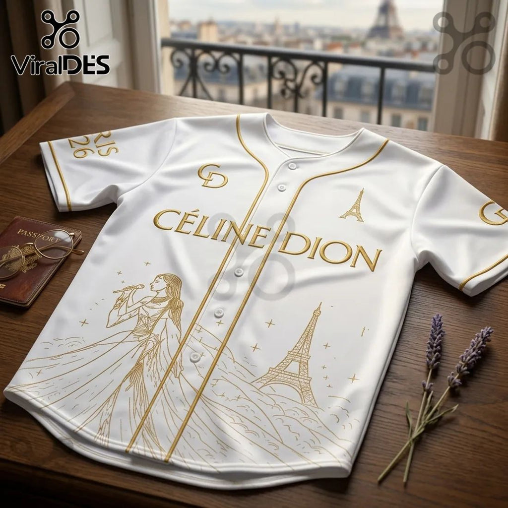 Celine Dion Live in Paris 2026 White Gold Baseball Jersey