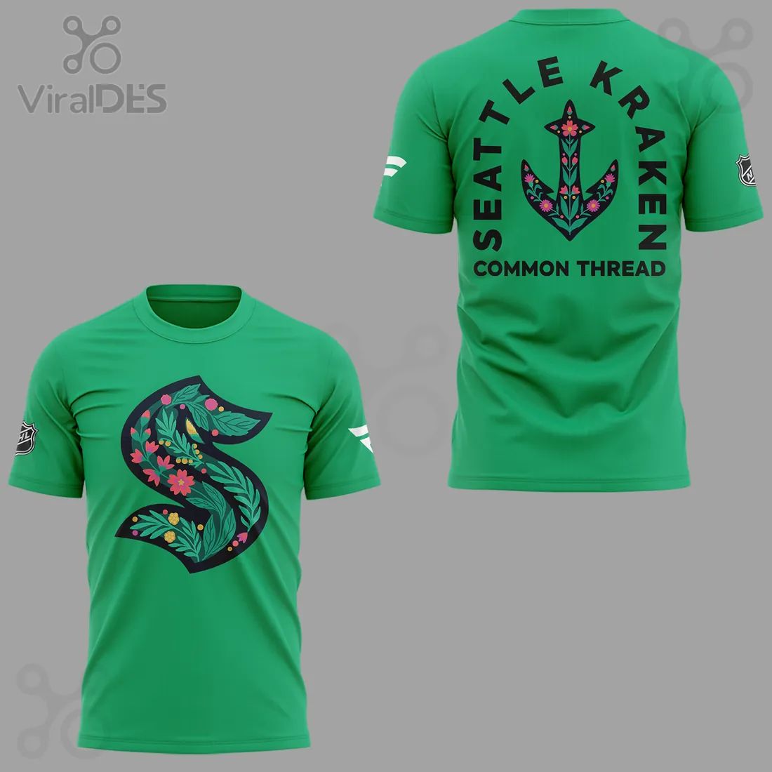 Seattle Kraken Green Night Floral “S” Logo Limited Edition T-Shirt