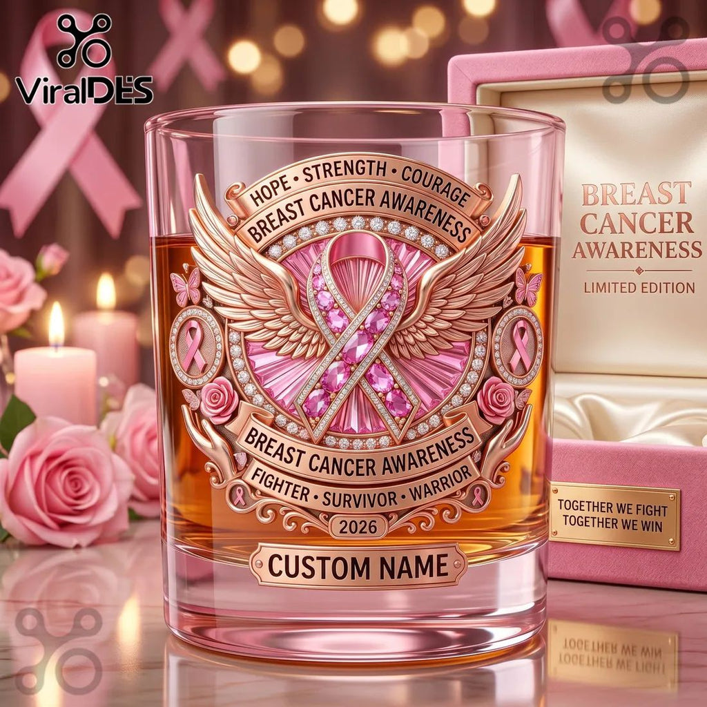 Breast Cancer Awareness Pink Rose Ribbon 2026 Whiskey Glass