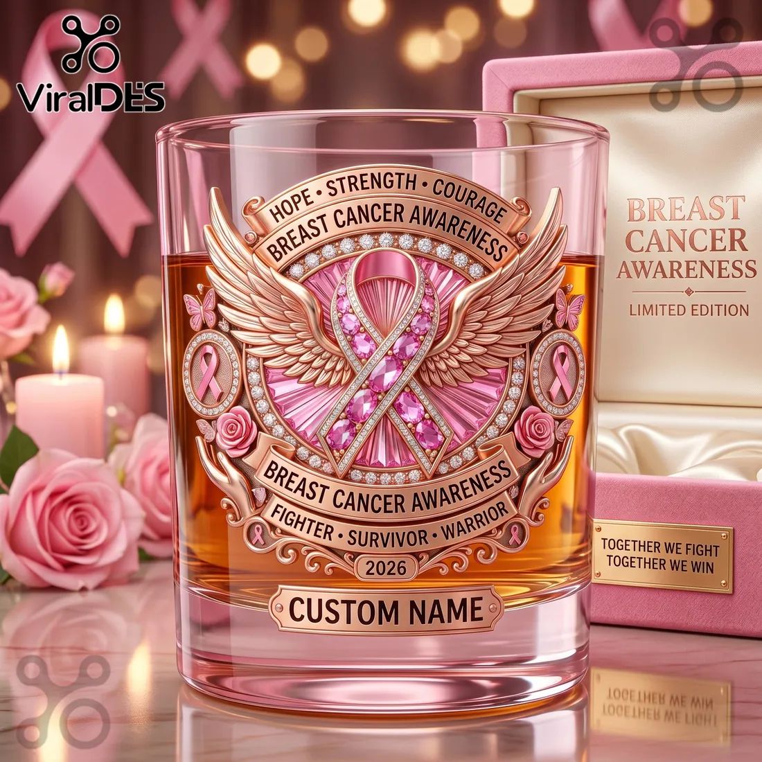 Breast Cancer Awareness Pink Rose Ribbon 2026 Whiskey Glass