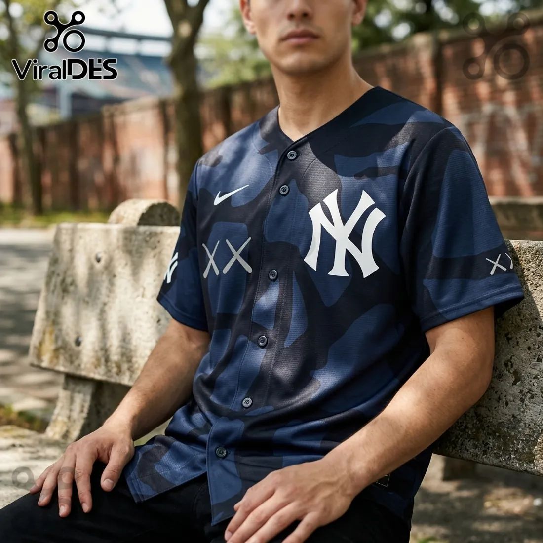 KAWS x New York Yankees Navy Blue Camo Baseball Jersey