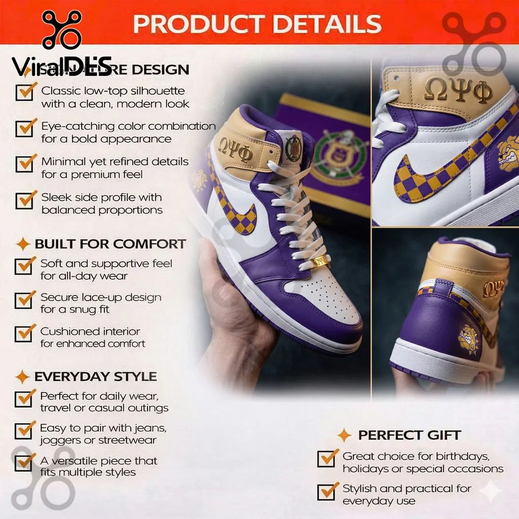 Omega Psi Phi Fraternity Purple and Gold AJ1 High Top Sneakers