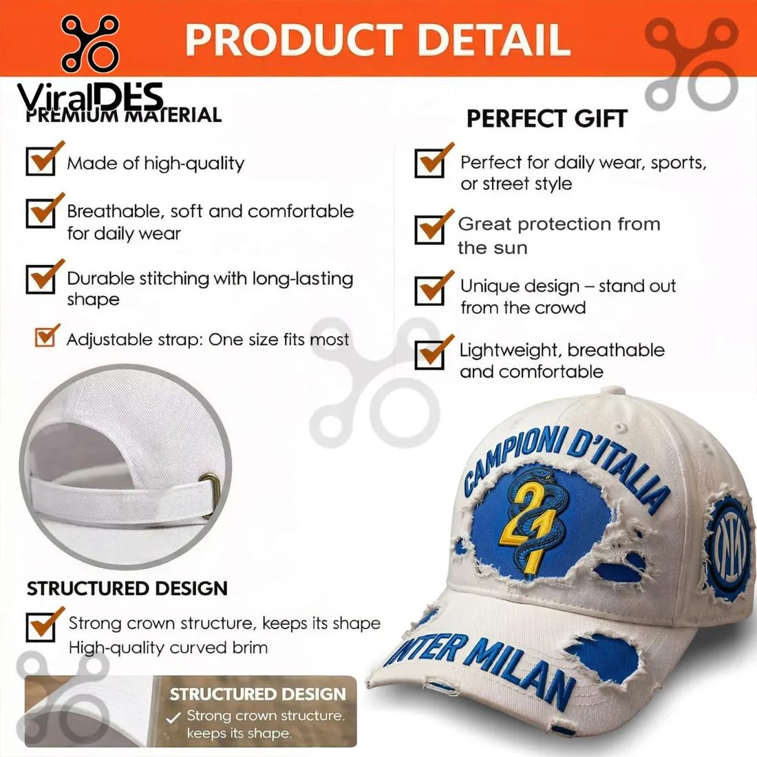 Inter Milan Campioni d’Italia 21 Distressed White Baseball Cap