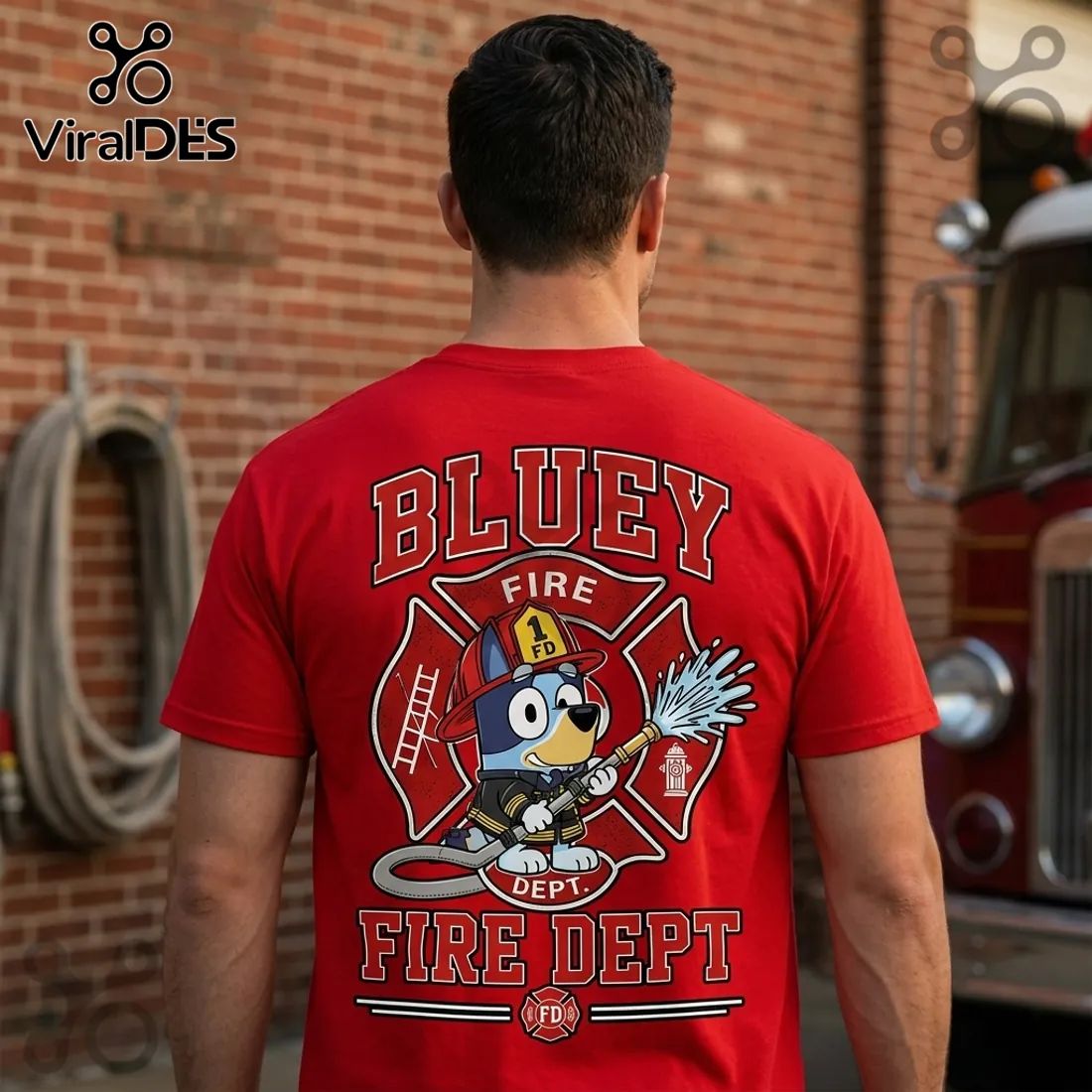 Bluey Fire Department Cartoon Character Graphic T-Shirt
