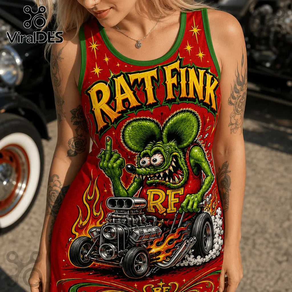 Rat Fink Red Hot Rod Illustrated Women Dress